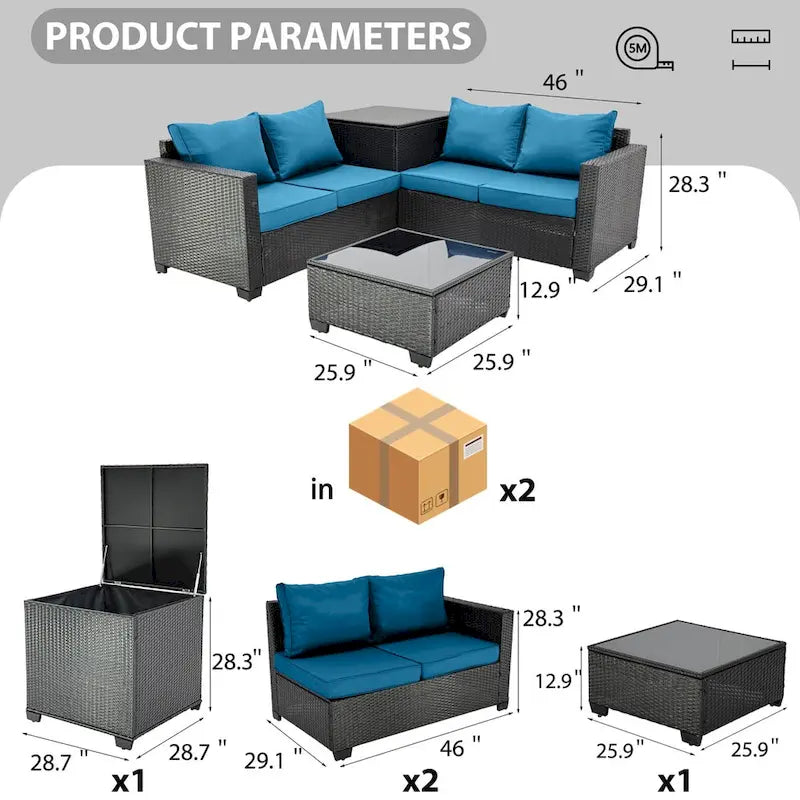 4-Pieces Black Wicker Outdoor Sectional Set with Cushions and Storage Box