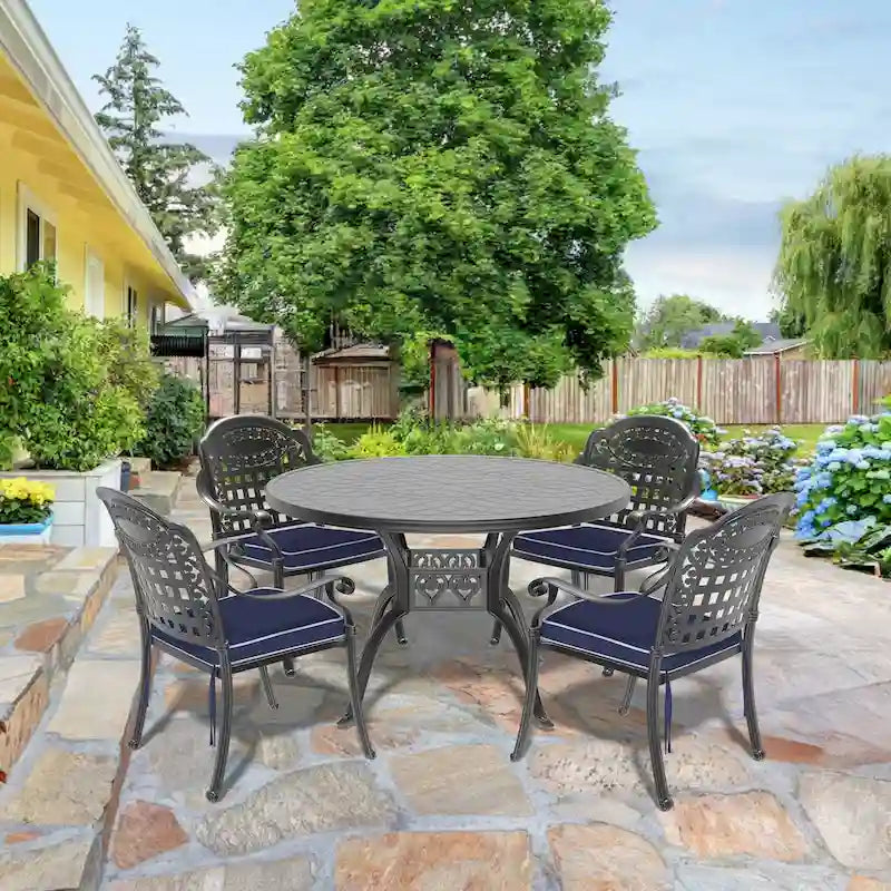 5/7-Piece Cast Aluminum Outdoor Dining Set with 47.24 in. Round Table and Random Color Seat Cushions