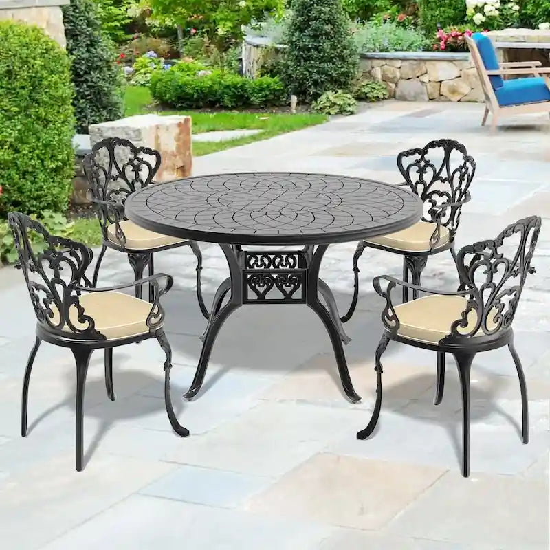 5/7-Piece Cast Aluminum Outdoor Dining Set with 47.24 in. Round Table and Random Color Seat Cushions
