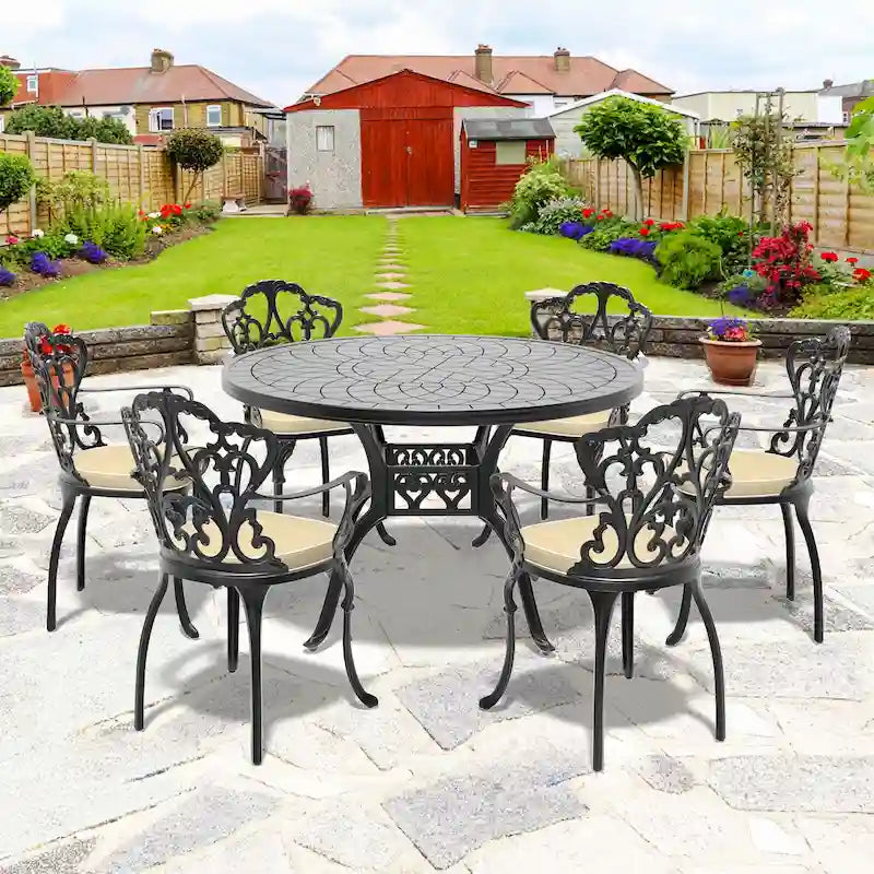 5/7-Piece Cast Aluminum Outdoor Dining Set with 47.24 in. Round Table and Random Color Seat Cushions