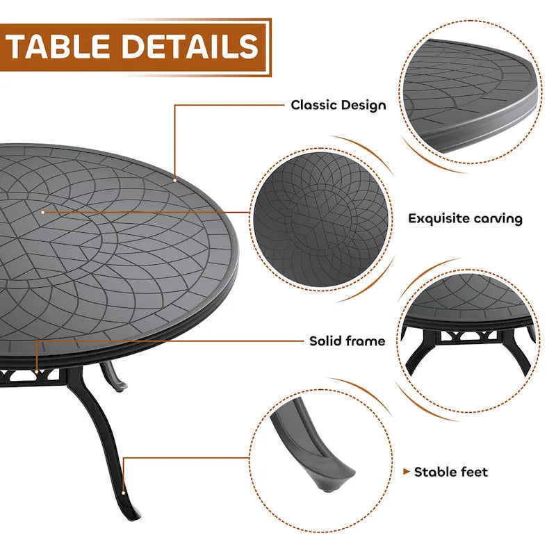 5/7-Piece Cast Aluminum Outdoor Dining Set with 47.24 in. Round Table and Random Color Seat Cushions