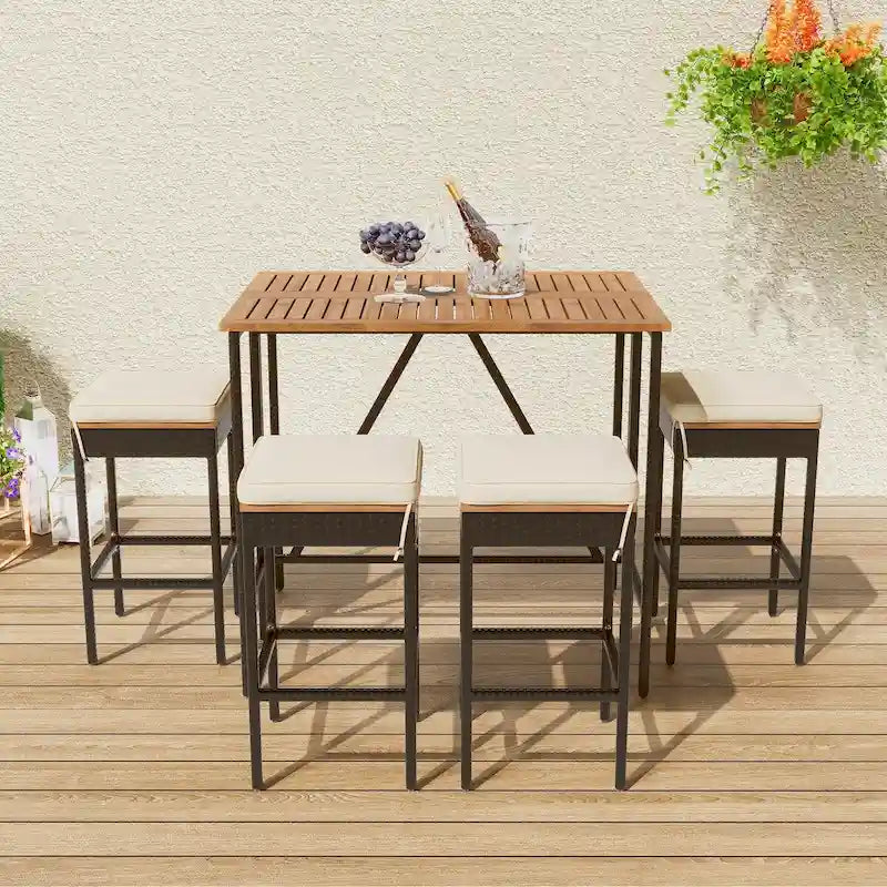 5-Piece Outdoor Bar Height Dining Set with Acacia Wood Table and 4 Stools