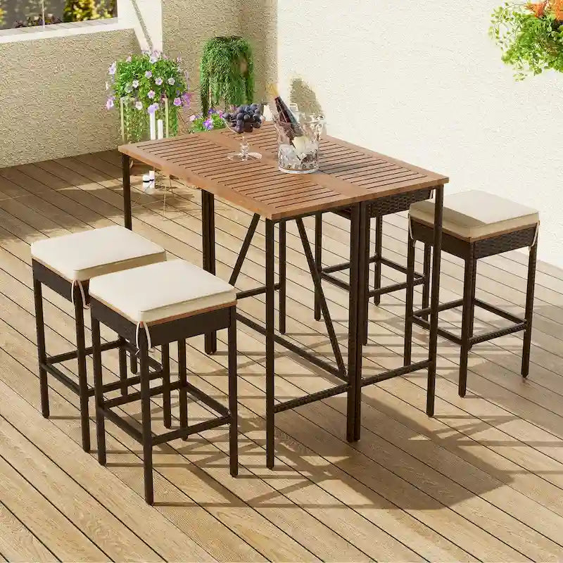 5-Piece Outdoor Bar Height Dining Set with Acacia Wood Table and 4 Stools
