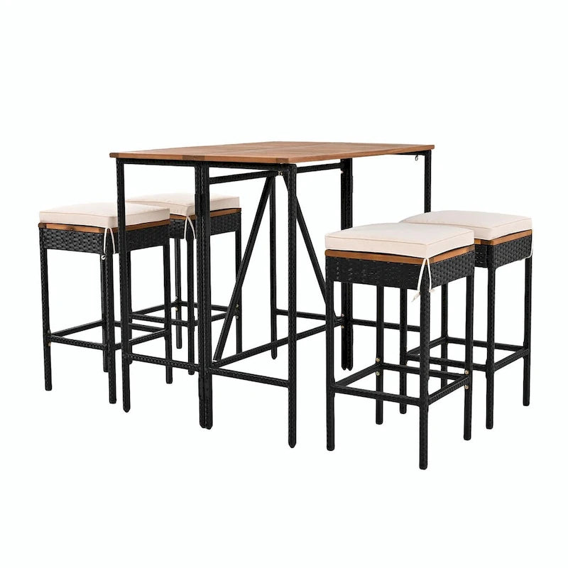 5-Piece Outdoor Bar Height Dining Set with Acacia Wood Table and 4 Stools