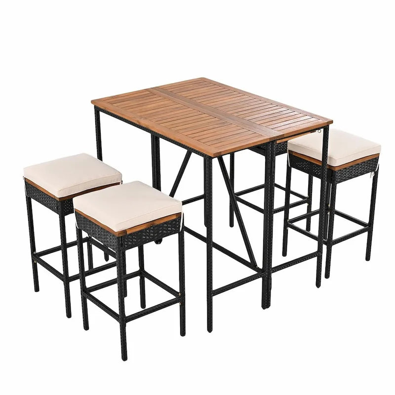 5-Piece Outdoor Bar Height Dining Set with Acacia Wood Table and 4 Stools