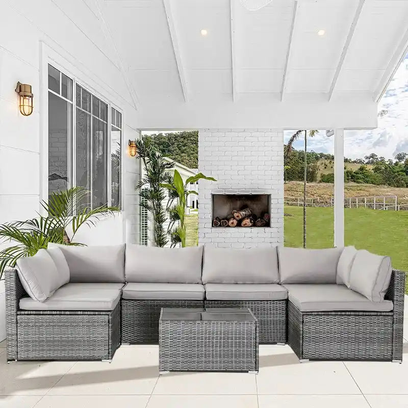Outdoor 7-Piece Wicker Sectional Set with Cushions and Coffee Table