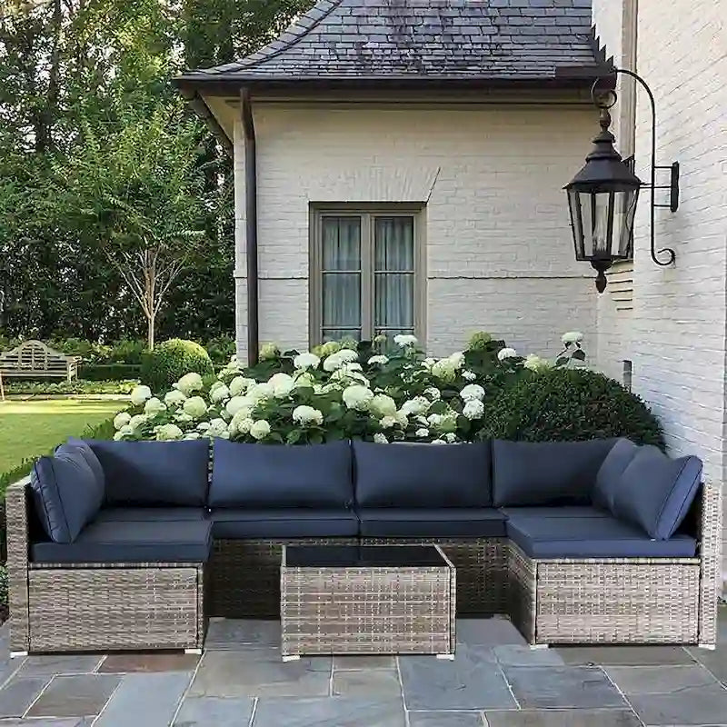Outdoor 7-Piece Wicker Sectional Set with Cushions and Coffee Table
