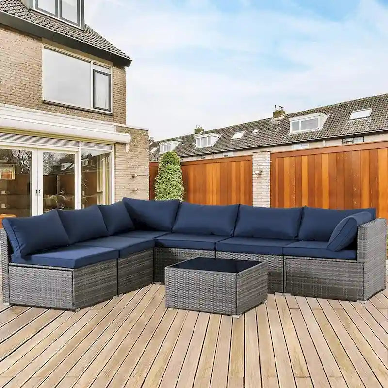 Outdoor 7-Piece Wicker Sectional Set with Cushions and Coffee Table