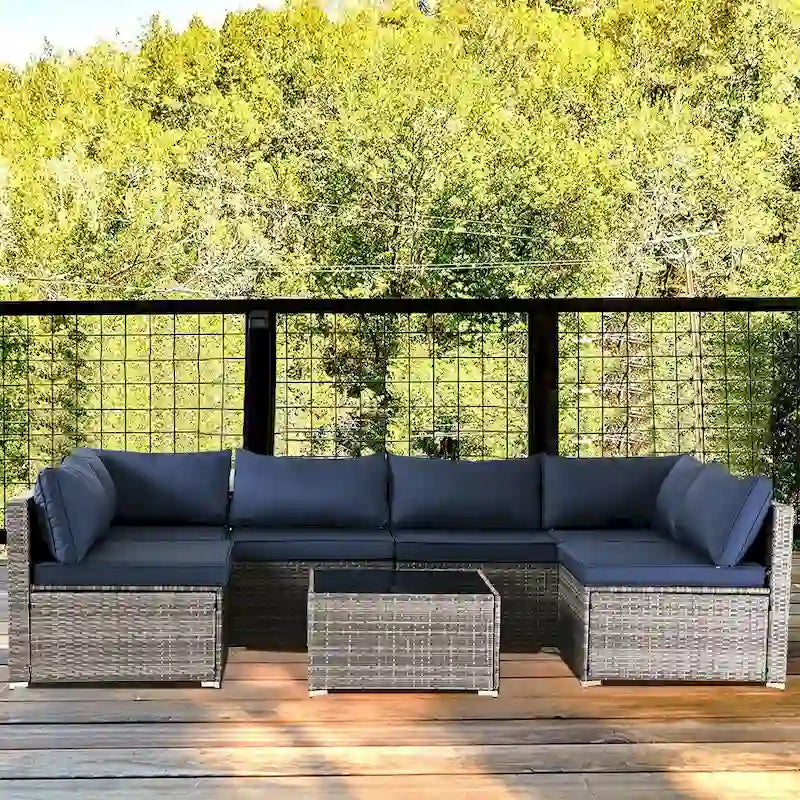 Outdoor 7-Piece Wicker Sectional Set with Cushions and Coffee Table