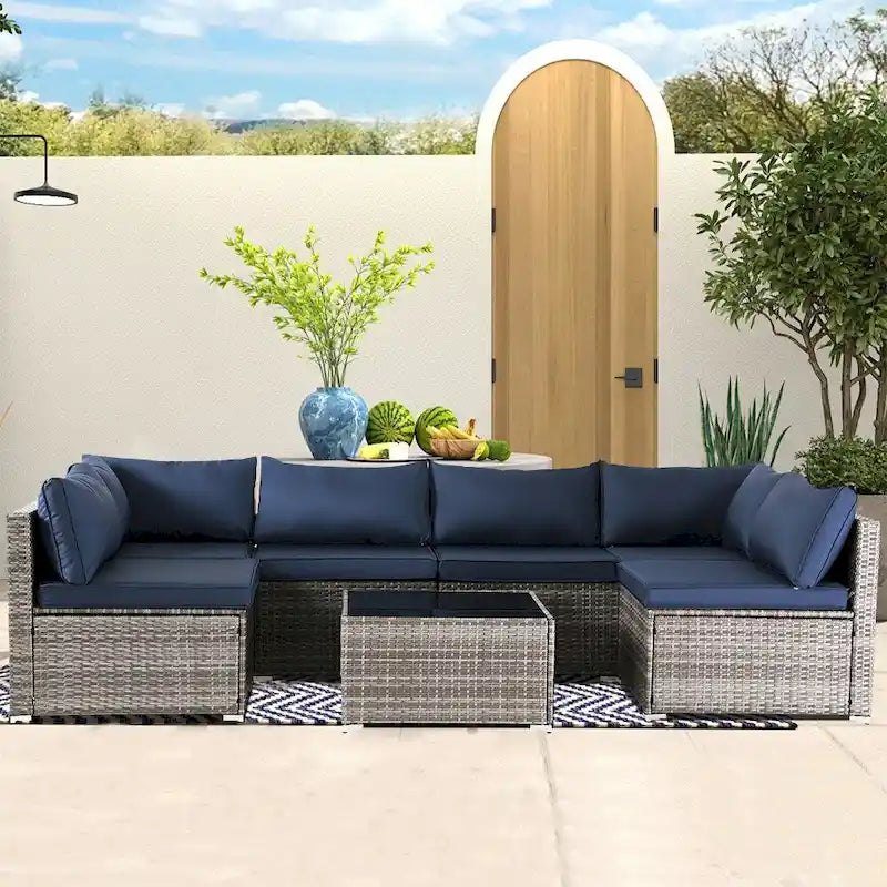 Outdoor 7-Piece Wicker Sectional Set with Cushions and Coffee Table