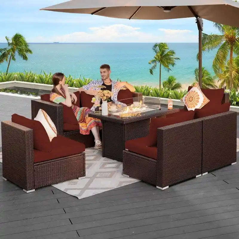 FINCATI Outdoor 7-piece Extra Large High Back Patio Furniture Set with Propane Gas Fire Pit Table, Conversation Wicker Couch Set