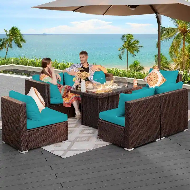 FINCATI Outdoor 7-piece Extra Large High Back Patio Furniture Set with Propane Gas Fire Pit Table, Conversation Wicker Couch Set