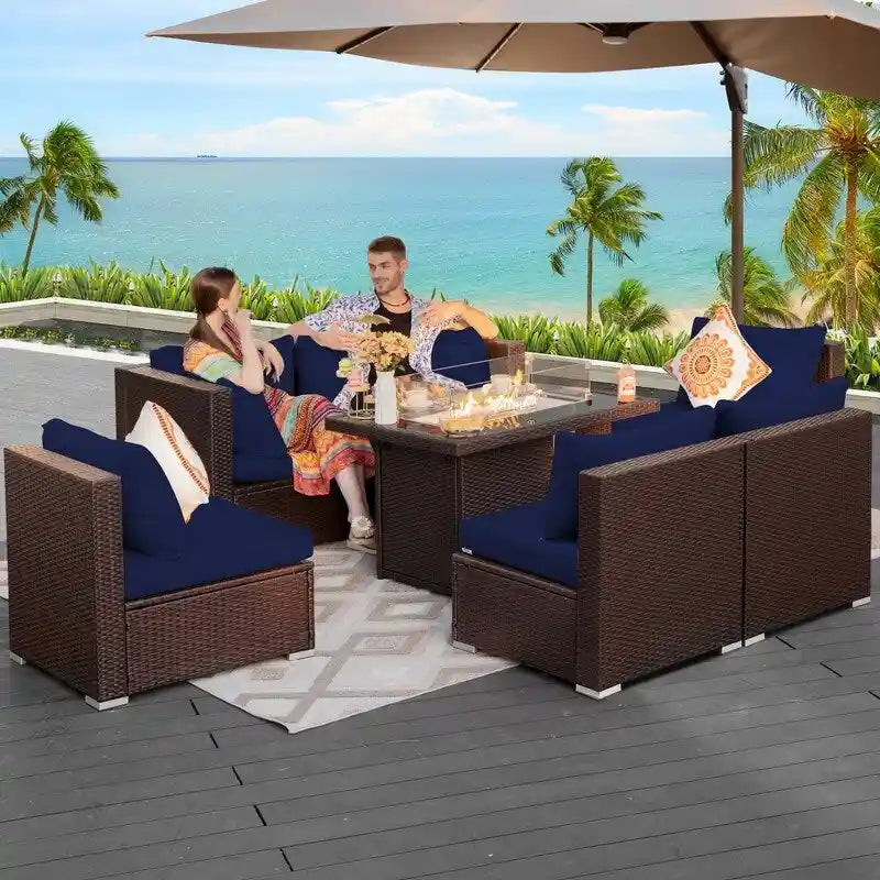 FINCATI Outdoor 7-piece Extra Large High Back Patio Furniture Set with Propane Gas Fire Pit Table, Conversation Wicker Couch Set