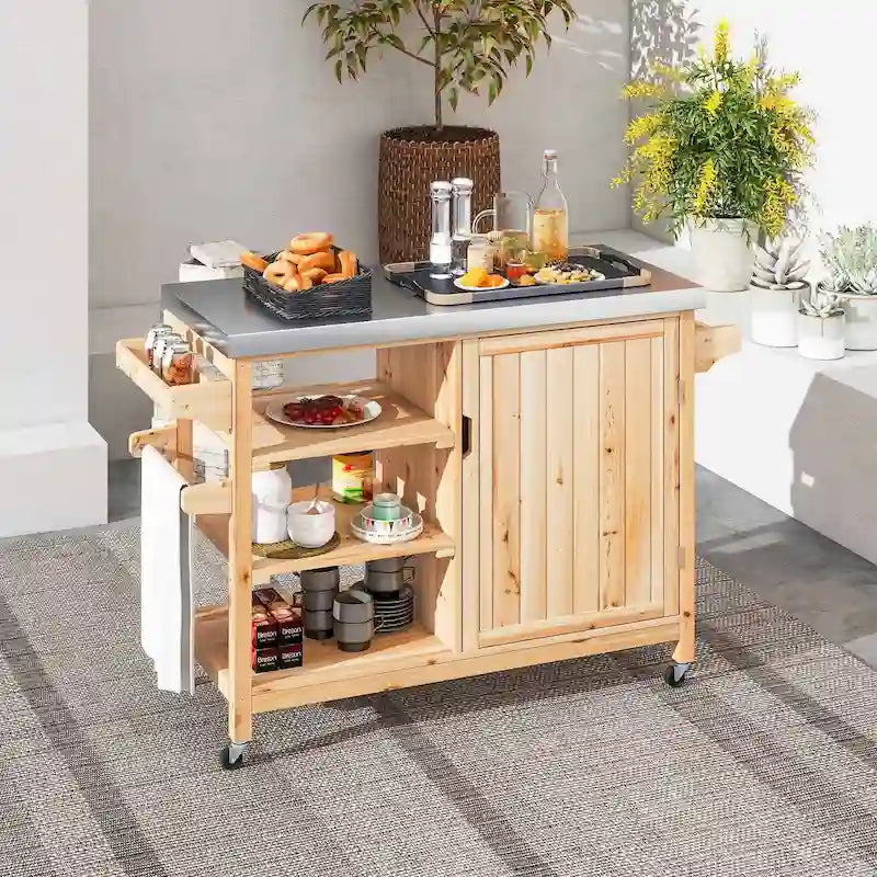 Moasis Outdoor Kitchen Island Rolling Trolley Cart with Stainless Steel Tabletop