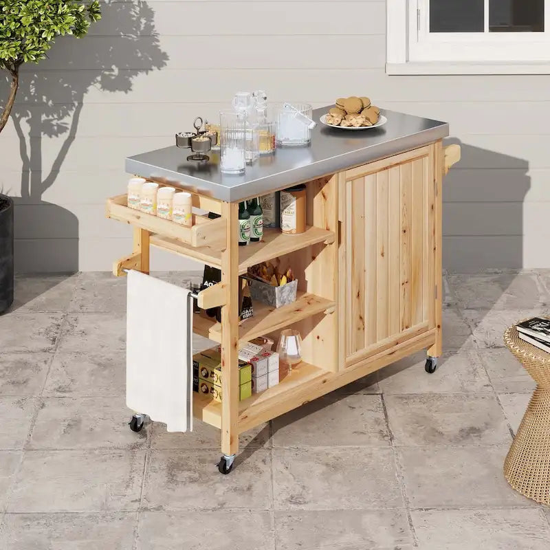 Moasis Outdoor Kitchen Island Rolling Trolley Cart with Stainless Steel Tabletop