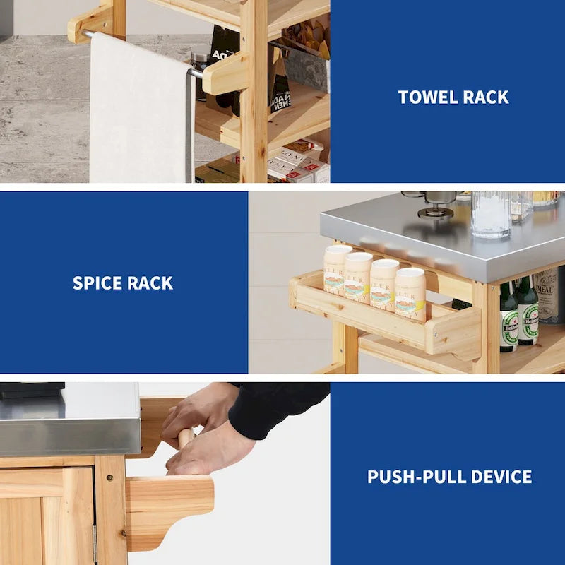 Moasis Outdoor Kitchen Island Rolling Trolley Cart with Stainless Steel Tabletop