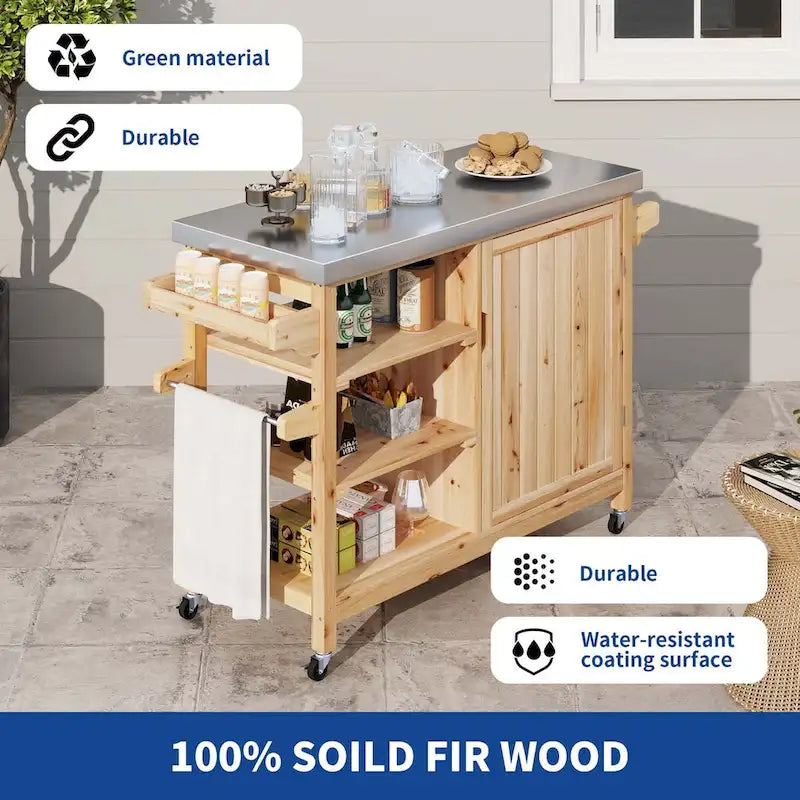 Moasis Outdoor Kitchen Island Rolling Trolley Cart with Stainless Steel Tabletop
