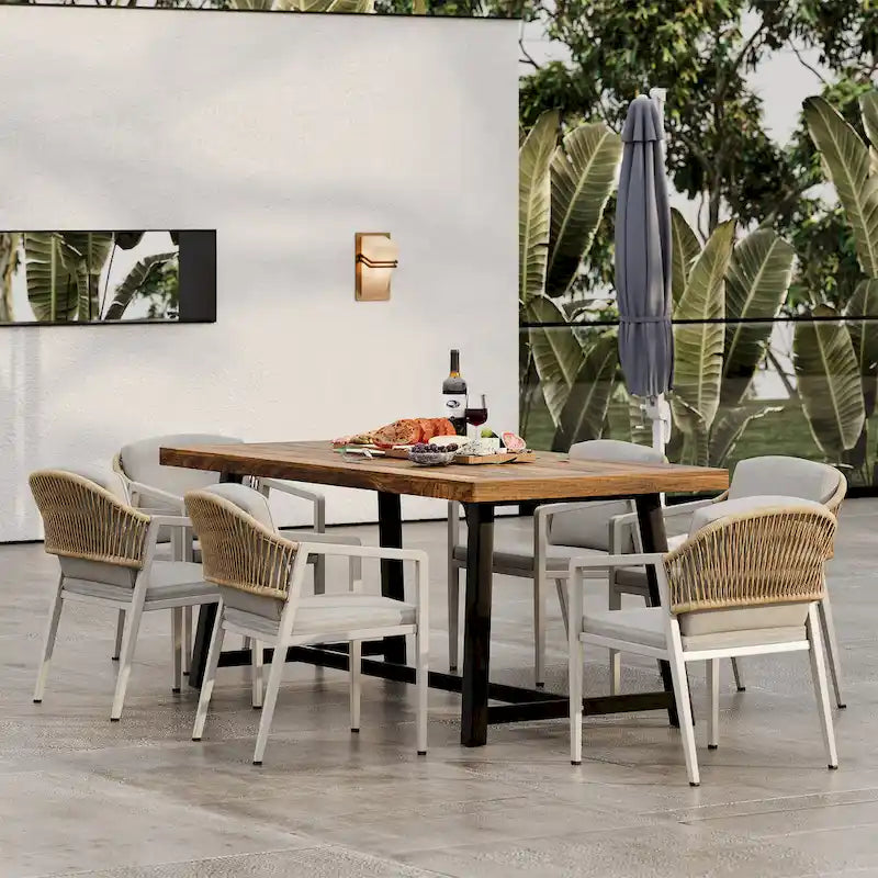 Heres Farmhouse Outdoor 7 Pieces Dining Sets with Rattan Backrest by Christopher Knight Home - N/A